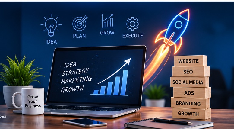 AI-generated digital workspace illustration with laptop analytics, a launch rocket and growth concepts